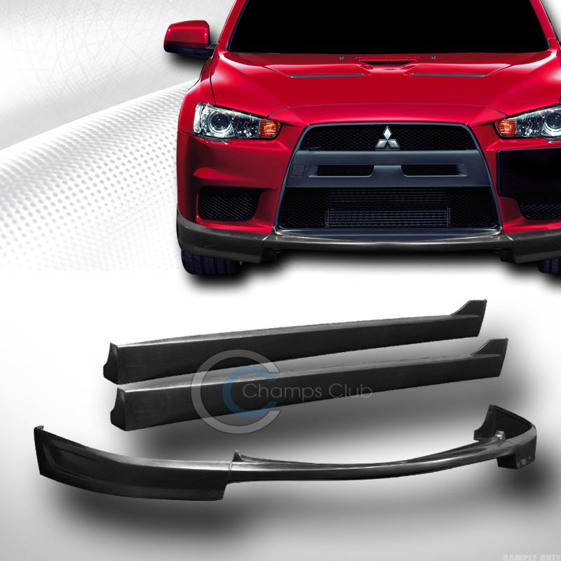 Blk pu polyrethane front bumper+side skirt spoiler lip kit 2pc 08-12 mits lancer