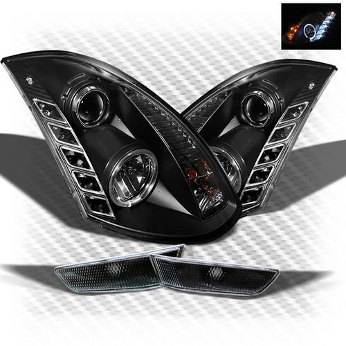 03-07 g35 2dr halo drl led black projector headlights + black side marker lights