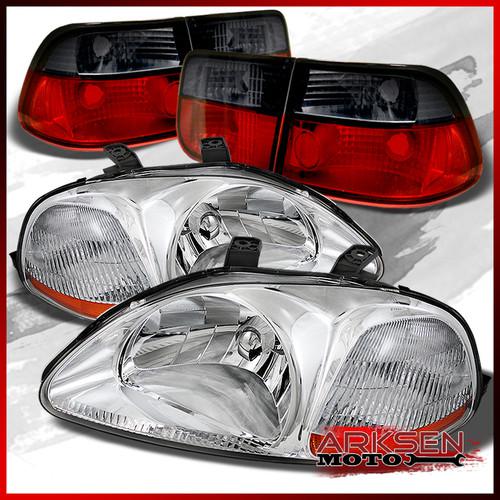 96-98 honda civic 2dr coupe chrome headlights+red smoke tail lights brake lamps