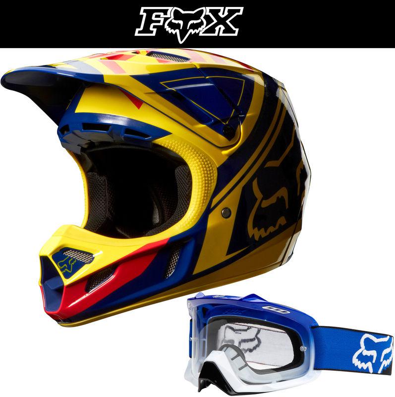 Fox racing v4 intake yellow blue dirt bike helmet w/ blue fade airspc goggle