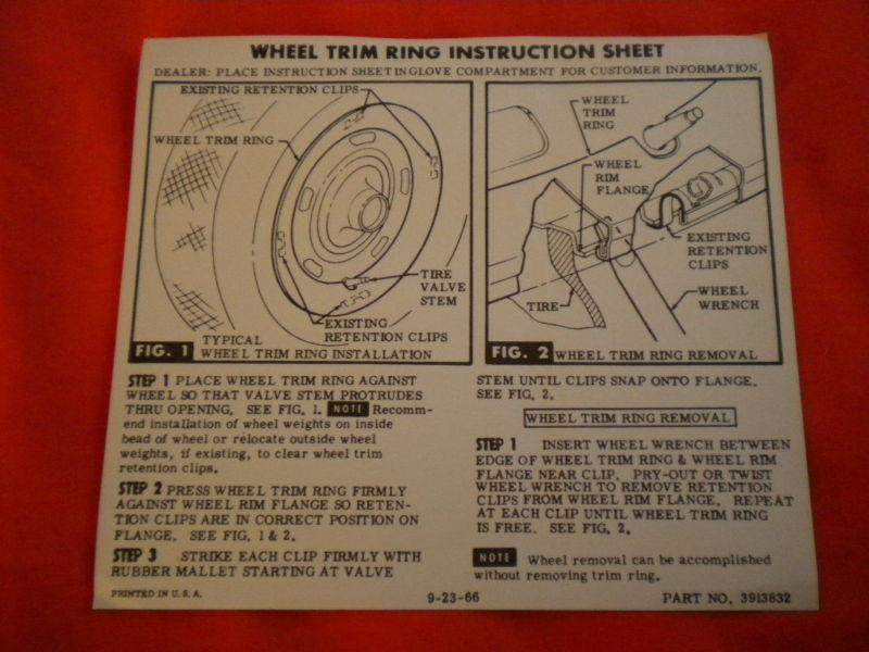 Chevrolet corvette owner manual wheel trim ring instruction sheet card 3913832