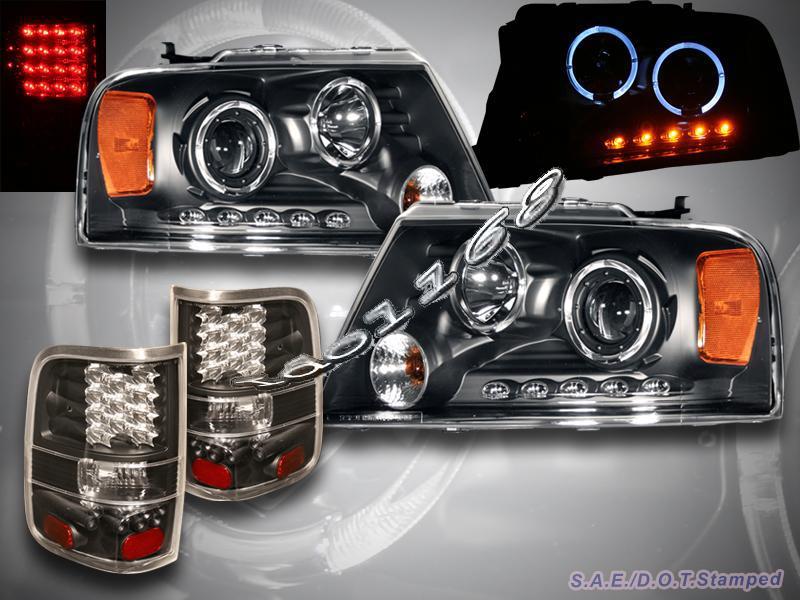 2004-2008 ford f-150 black halo headlights projector led + black led tail lights