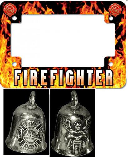 Firefighter motorcycle license plate frame & gremlin bell made in usa