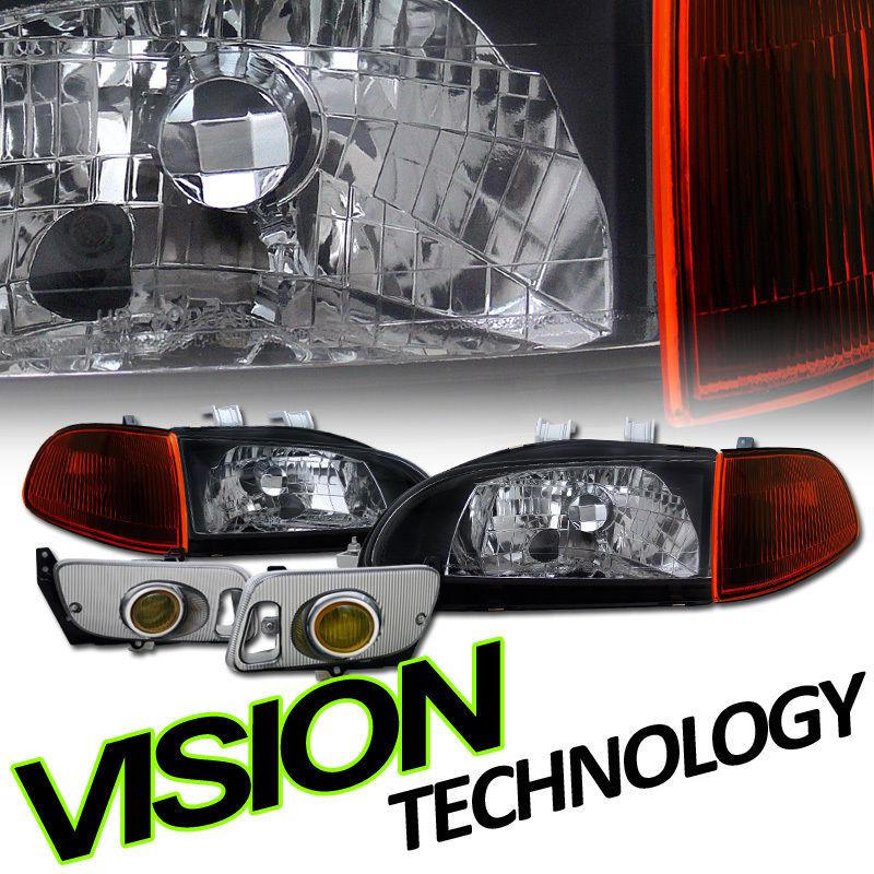 92-95 honda civic 2d/3d black headlights+corner lights+fog lamps w/ switch+bulbs