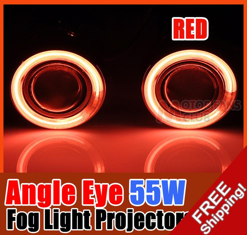 Pair 55w universal halogen fog light projectors + ccfl halo angel eye [red]