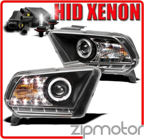 2010-2012 ford mustang base/gt halo drl led black projector headlights+hid 6000k