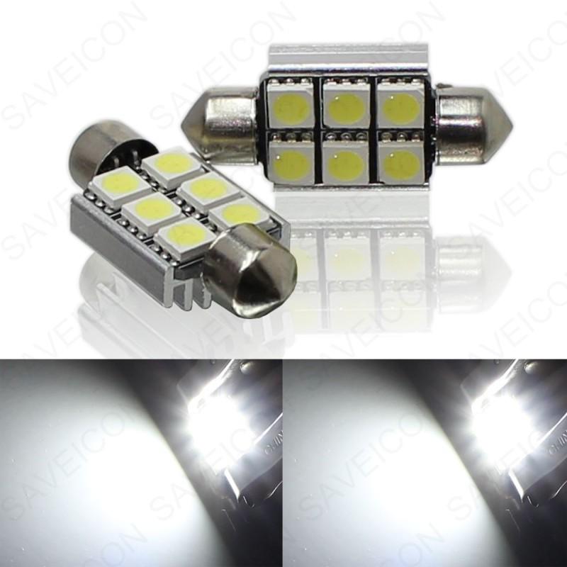 2 x error free canbus white led bulbs 36mm 6-smd festoon dome map light 