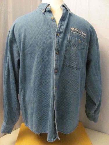 Vintage arctic wear cat snowmobile sled button up casual ribbed shirt blue xl