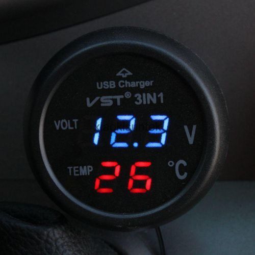 Car blue led digital voltmeter, voltage gauge test, thermometer, usb charger