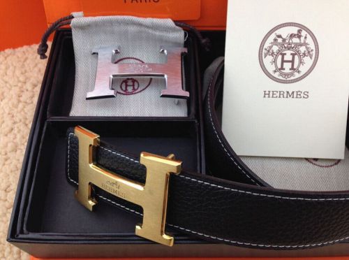 New men&#039;s auth hermes 38mm black belt dounble h gold/silver buckles size 33-42