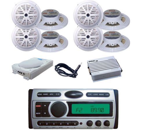 8x 5.25&#034; white speakers, antenna, amp,8&#034;  subwoofer+ new marine cd am/fm radio