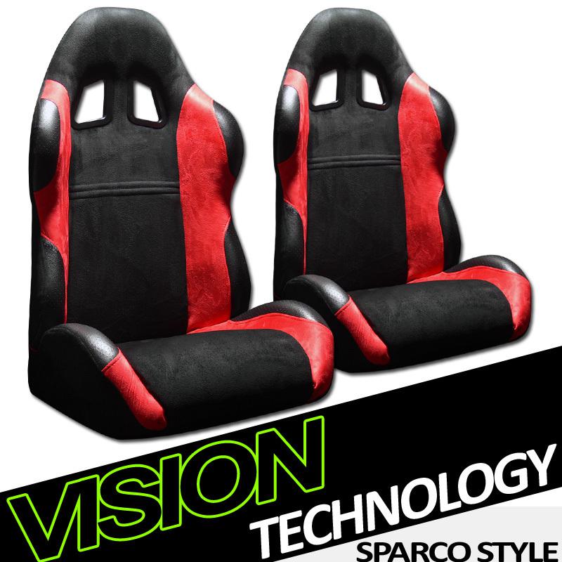 2pc simulated suede & pvc leather jdm black & red racing bucket seats+sliders 27