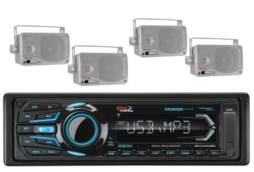 Boss marine sd ipod aux bluetooth usb radio&amp; 4 3.5&#034; silver box marine speakers