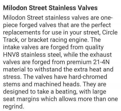 Milodon 45650 stainless steel valves intake mopar big block 383-440.  sold each