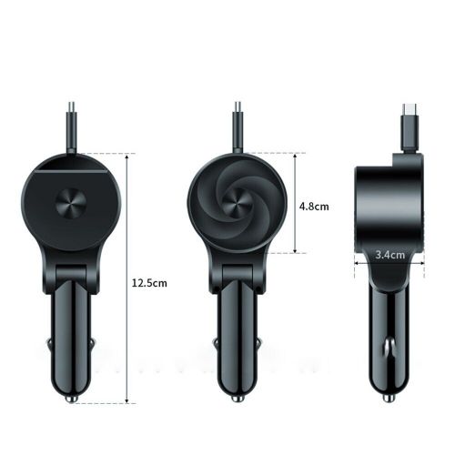 Fast charging dual usb car charger with telescopic cable and digital display