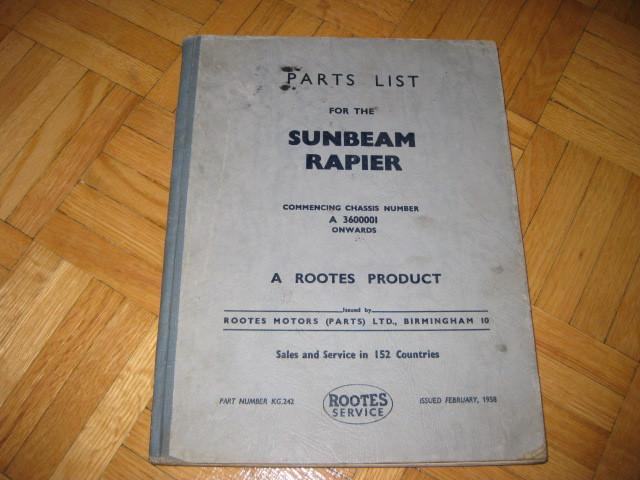 1958 sunbeam rapier parts list manual chassis 3600001 onwards rootes original