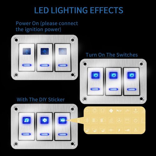 Waterproof 3 gang toggle rocker switch panel blue led light for car marine boat/