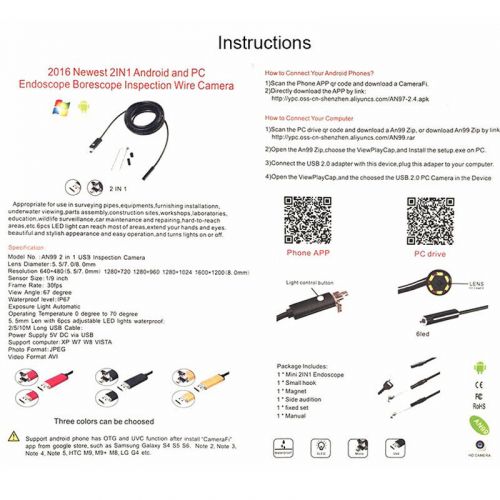 7mm lens inspection camera 6led borescope tube cable for android pc endoscope