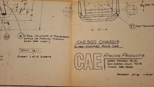 Vintage 1964 cae sprint car, supermod chassis blueprints nos+racecar sketch book