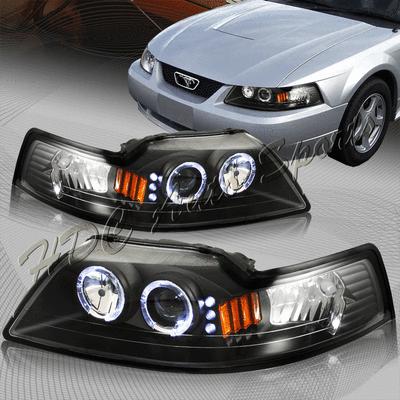 1999-2004 ford mustang black housing dual halo projector led head light lamps