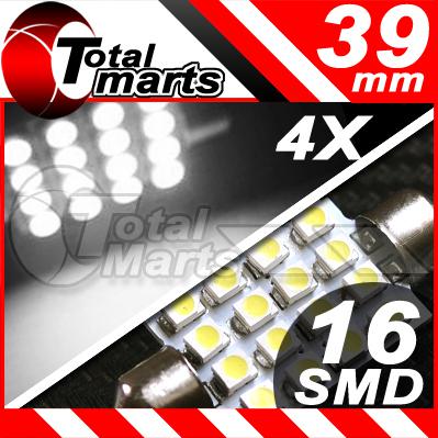 4x white 39mm festoon 16 smd led dashboard car light bule dome interior ac404