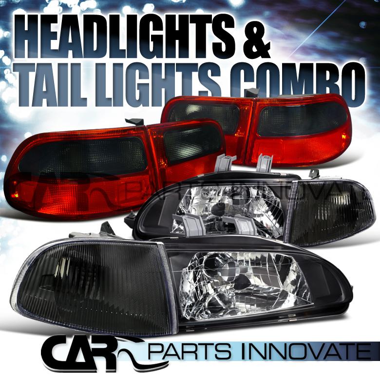 92-95 honda civic 3dr hb black headlights+corner lamps+red smoke tail light