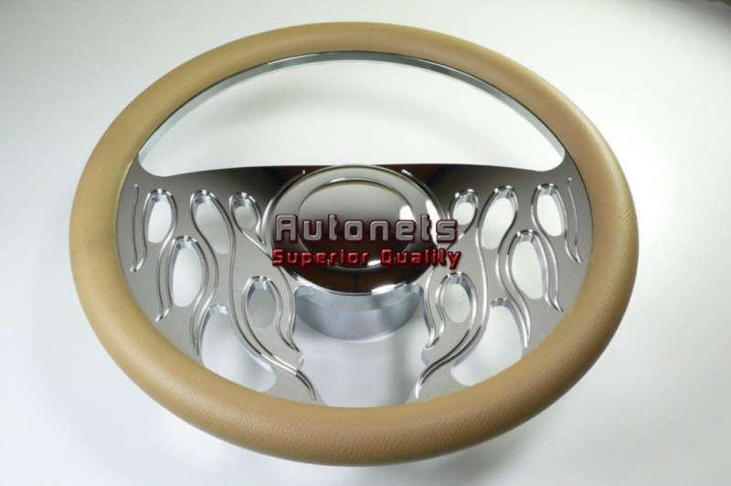 Beige leather half flame impala hot rod steering wheel aluminum horn adapter