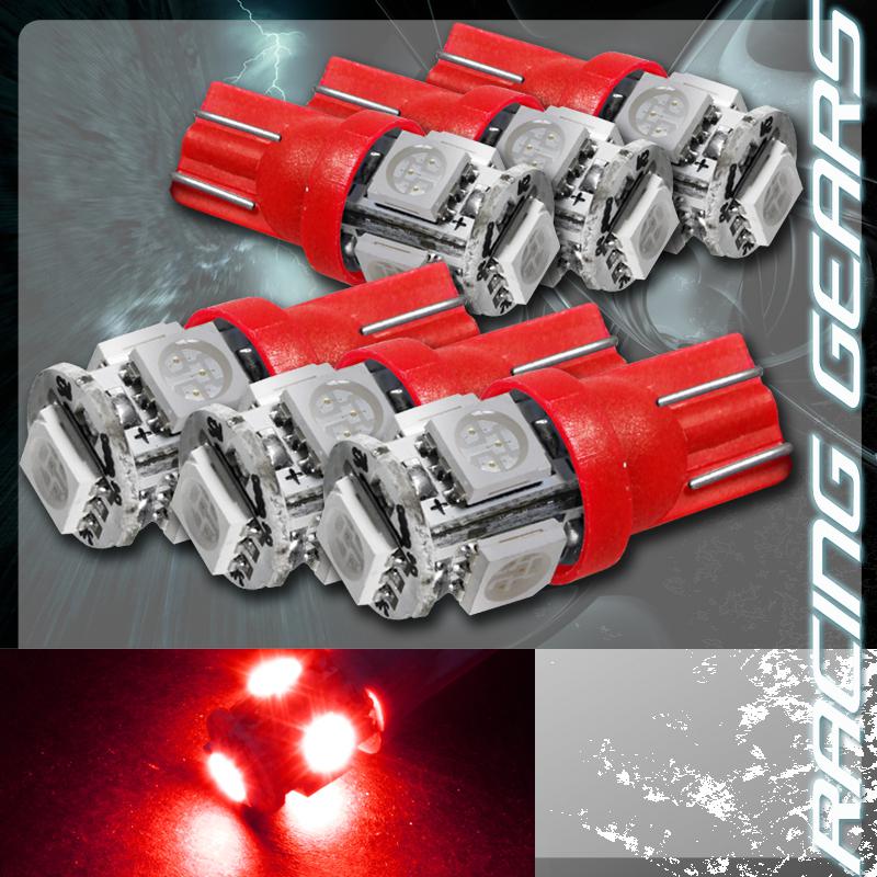 6x red smd 5 led 12v t10 wedge light bulb interior side marker / license plate