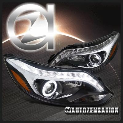 12-13 ford focus black halo projector headlights+led drl light bar