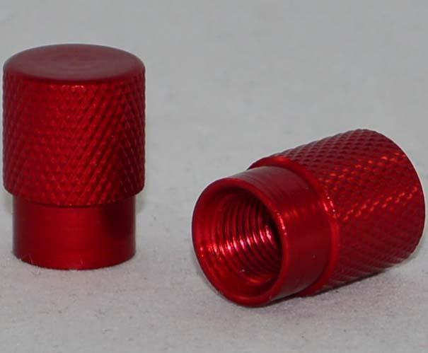 2 red billet aluminum "knurled" valve stem caps for motorcycle, chopper rims