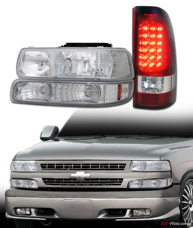 Chrome head lights+bumper am dy+led rear brake tail lamps red jy 99-02 silverado