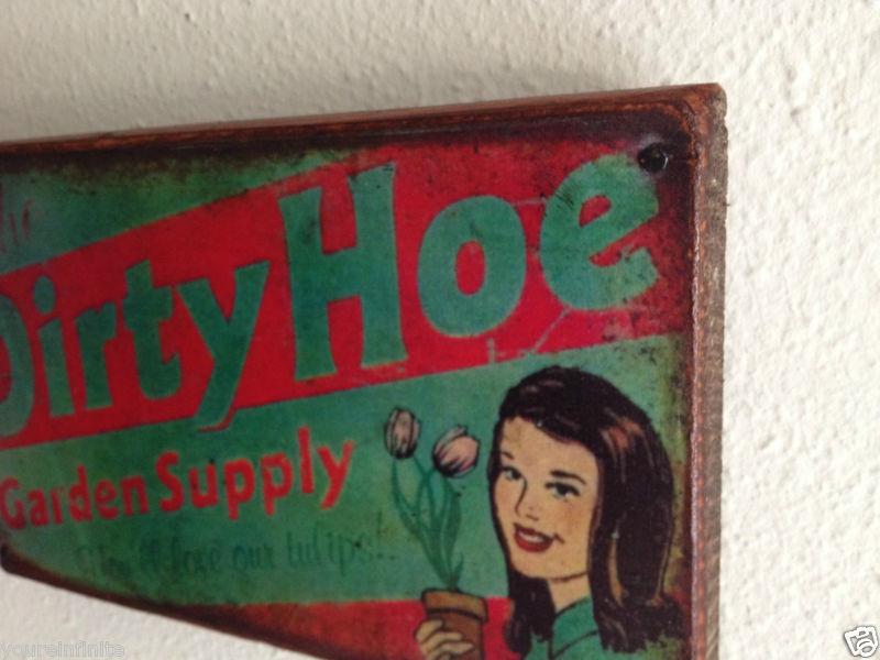 Vintage style dirty hoe garden supply sign for garage man shop hot rat rod