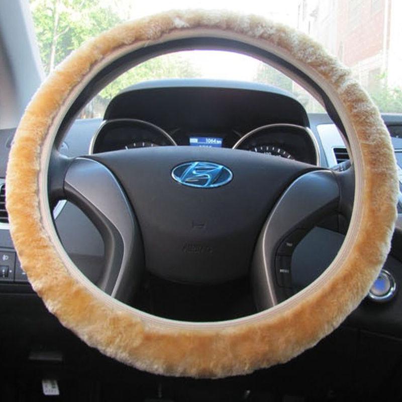 Universal 14-15" inch non-slip plush car steering wheel cover brown color