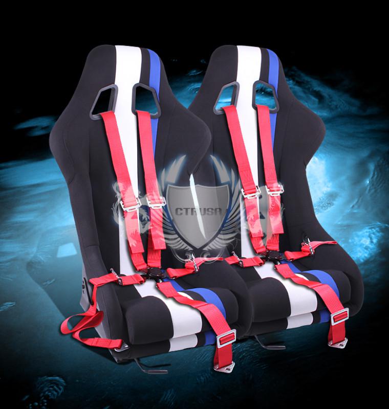 2x black/white blue stripe racing seats recaro style+5-pt red camlock seat belt