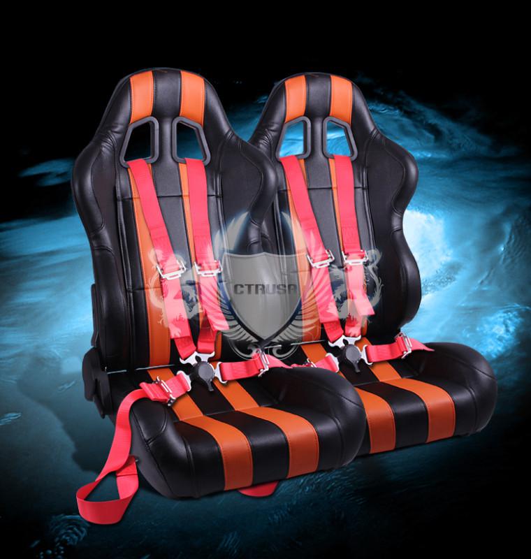 2x jdm f1 blk/orange stripe leather racing seats w/sliders+ 4-pt red camlock