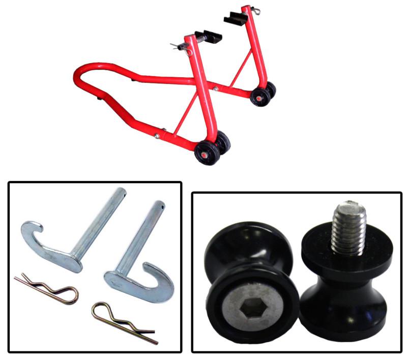 Biketek series 2 red rear motorcycle stand with 8mm black bobbin spools