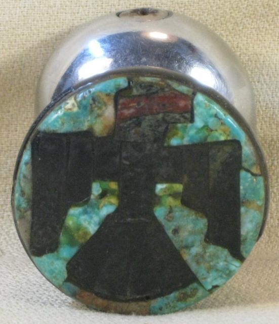 Old suicide spinner knob hand inlaid turquoise & obsidian santa fe nm artist guc