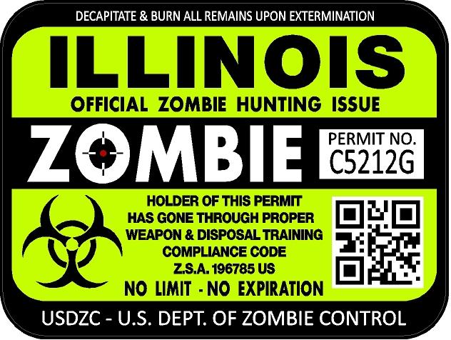 Illinois zombie hunting license permit 3"x4" decal sticker outbreak 1223