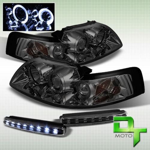 Drl led bumper fog+99-04 smoke ford mustang 2in1 halo projector headlights lamps