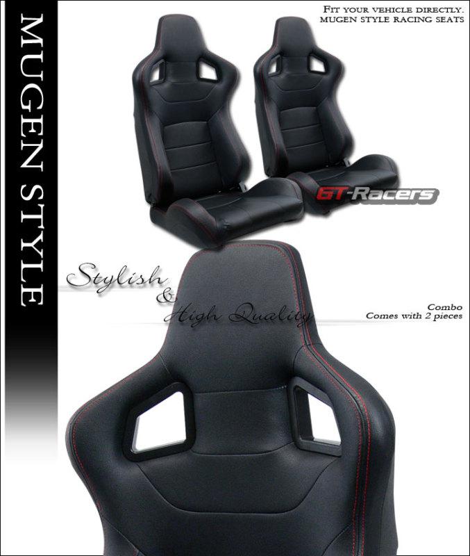 Mu style blk pvc leather red stitch racing bucket seats+sliders left+right ford