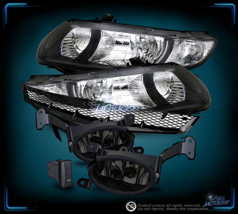 2006-2008 honda civic coupe jdm blk crystal headlights/sport grille/smoke fog