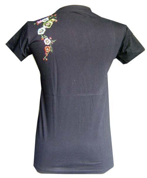 New funky gothic flower beauty embroider black women girl short t-shirt sz s