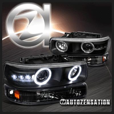 4pc 99-02 silverado black led projector headlight+amber reflector bumper lamp