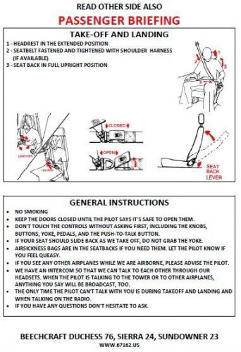 Laminated passenger briefing card: beech duchess 76, sierra 24, and sundowner 23