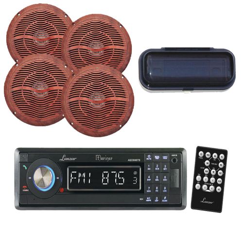 Aqcd60btb black boat aux usb sd cd receiver + 4 wood grain 6.5&#034; speakers + cover