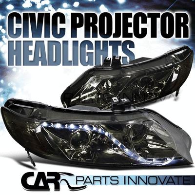 06-11 honda civic 4dr sedan r8 style led drl smoke projector headlight