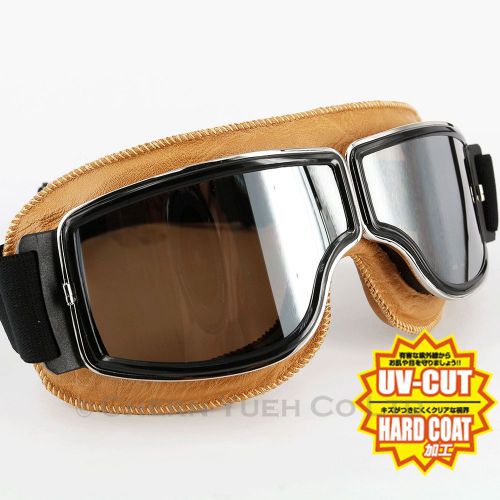 Aviator motorcycle ce goggles sunglass eye wear beige frame silver chrome lens