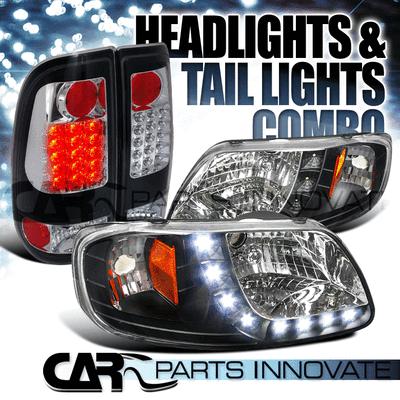 Black 97-03 ford f-150 crystal smd drl headlights+rear led tail lights