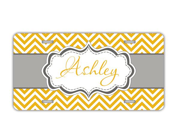 Monogrammed chevron license plate yellow n gray chevron monogram car tag (1006)