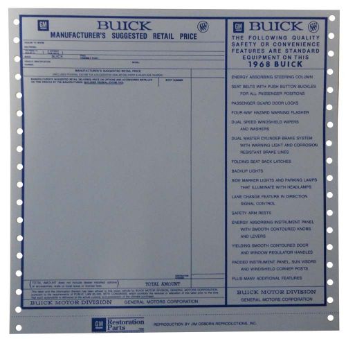 1968 buick new vehicle window price sheet